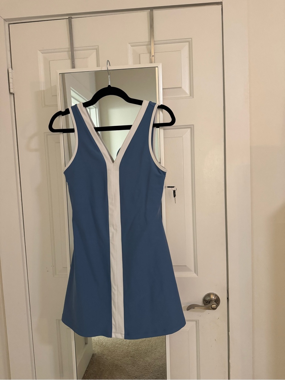 Sleeveless Blue A-Line Dress with White Trim